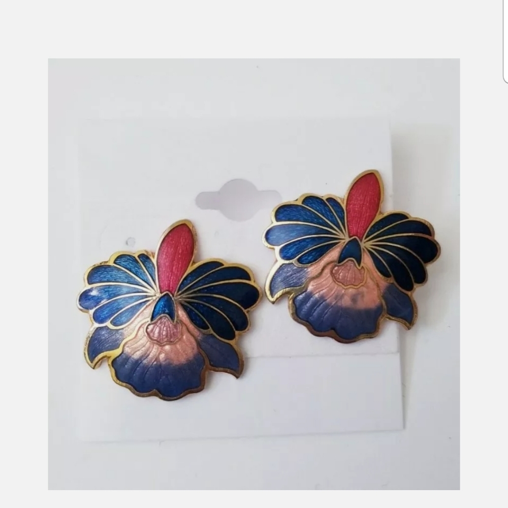 Cloisonne Vtg Large Flower Oversized Studs Unsigned Quarter Size